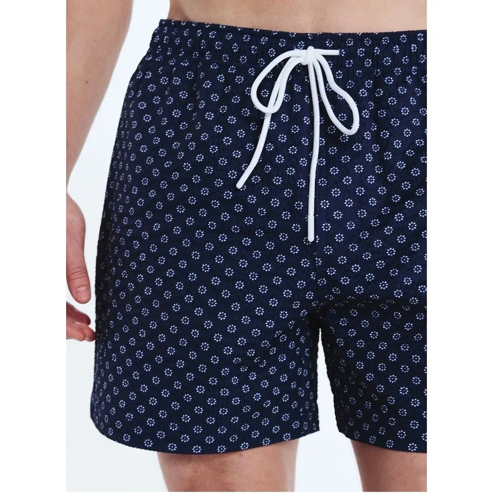 Free Assembly Mens Swim Stretch Seersucker Board Shorts Navy Floral 5 Inch 3XL